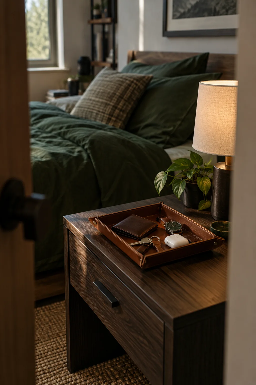A leather valet tray on a nightstand holding keys, a wallet, and a watch