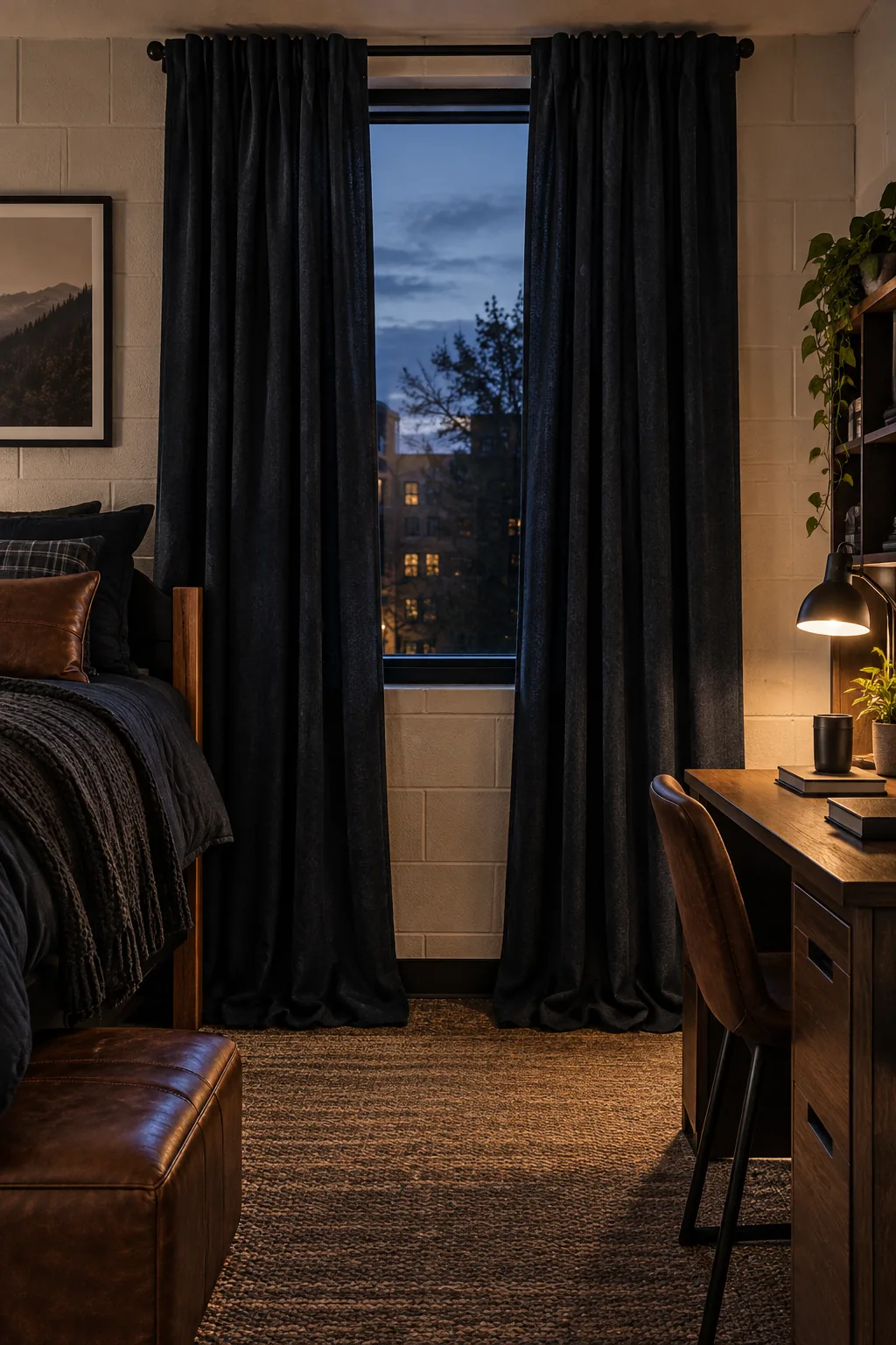 Dark gray blackout curtains hung with a tension rod over a dorm window