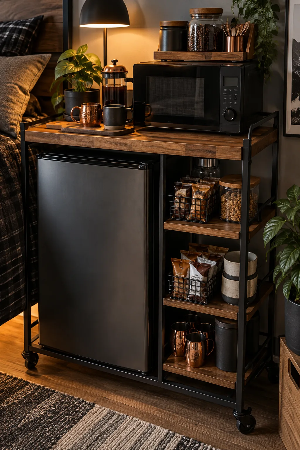 A rolling metal cart placed over a mini fridge, holding a microwave and coffee supplies