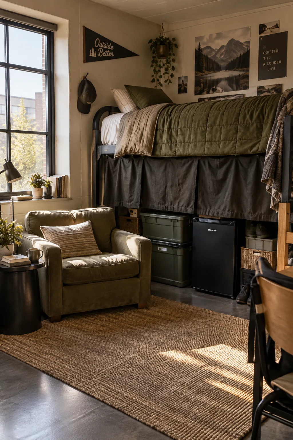 Lofted wooden dorm bed with black storage bins underneath.