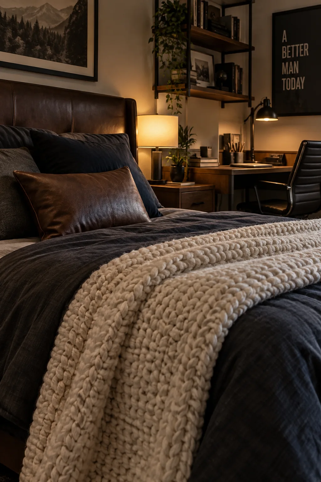 Dorm bed featuring a faux leather headboard and chunky blanket.