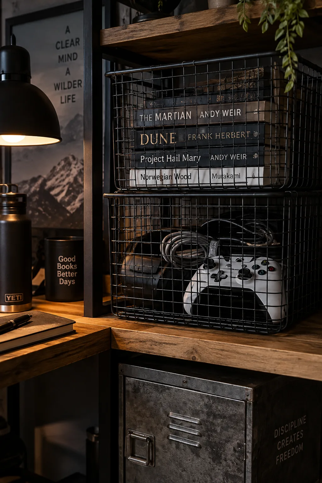 Black wire mesh baskets stacked on a dorm desk shelf.