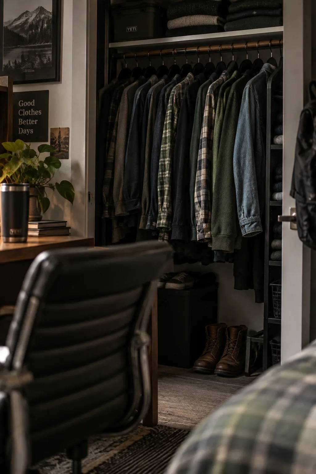 Dorm closet filled with black slim velvet hangers.