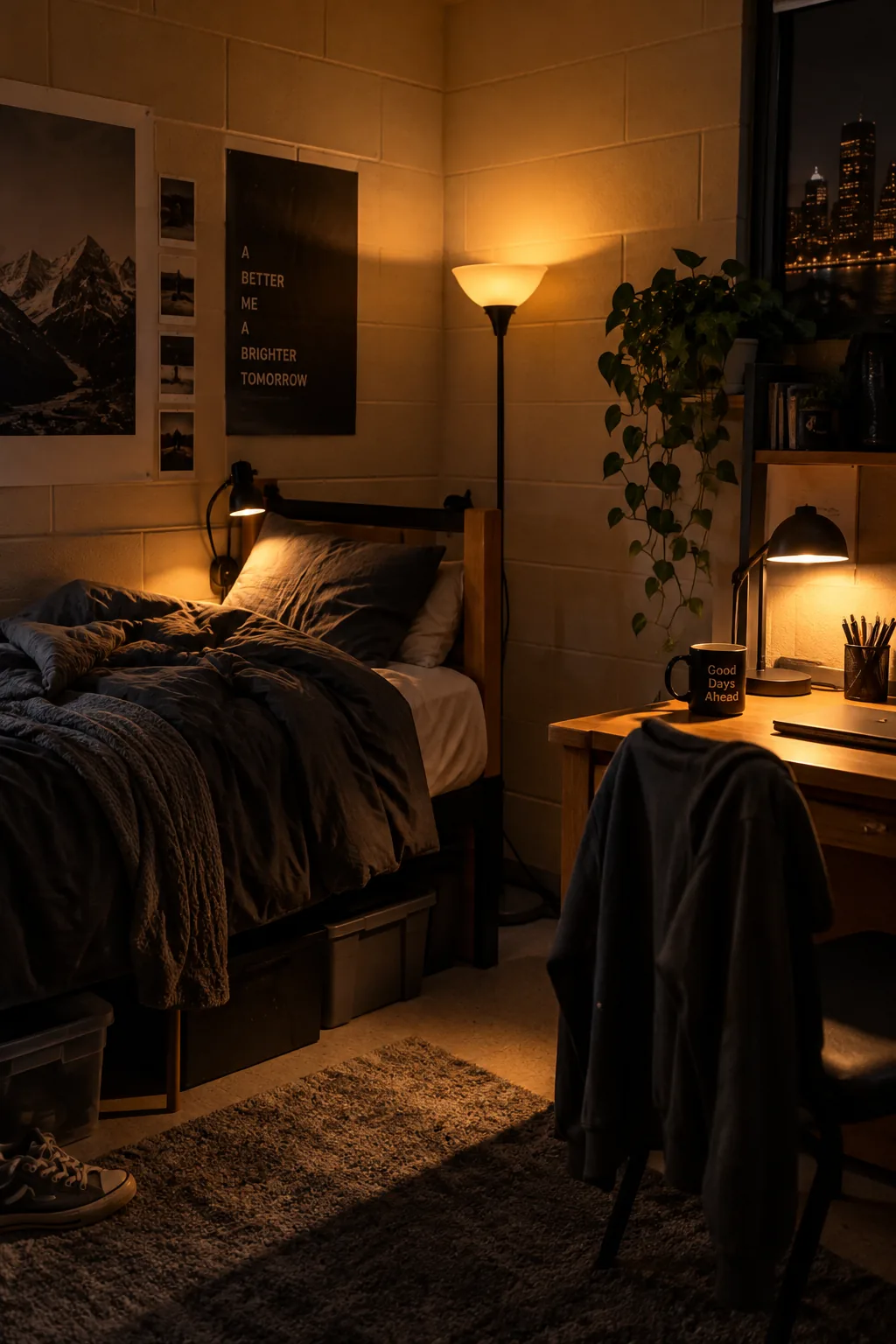Warm LED desk lamp and floor lamp in a dorm.
