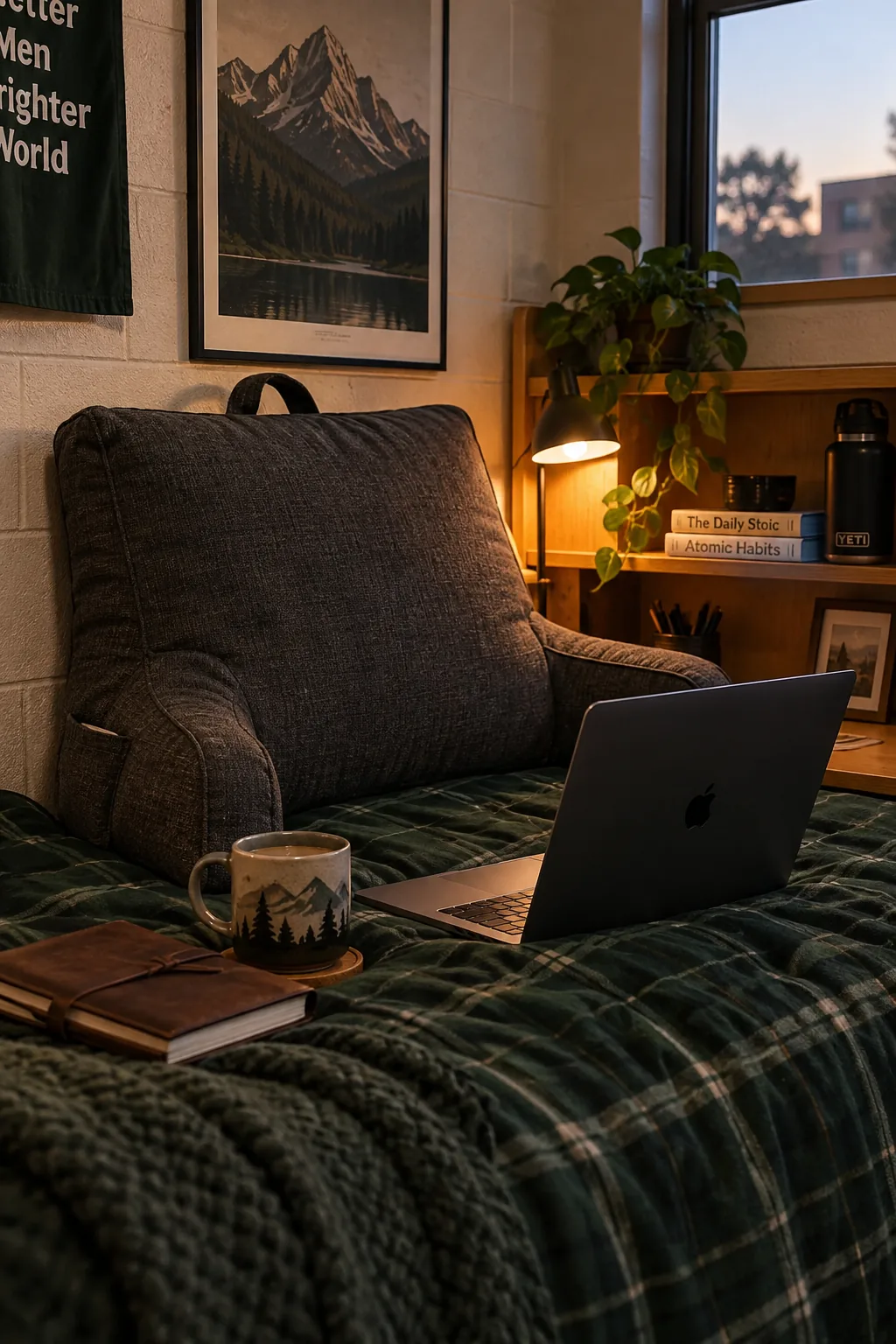 Large gray wedge reading pillow on a dorm bed.