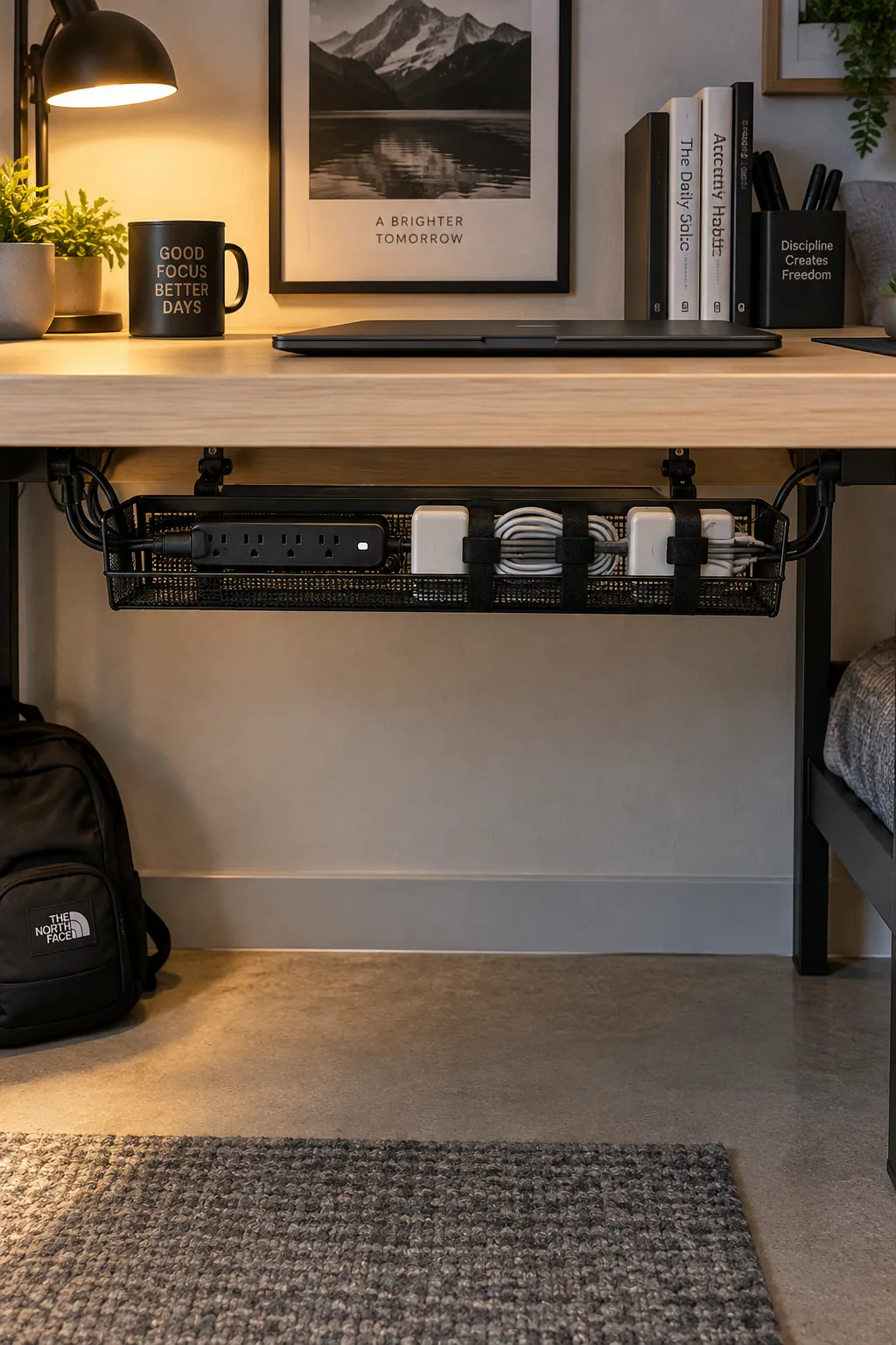 Cable management tray mounted under a wooden desk.
