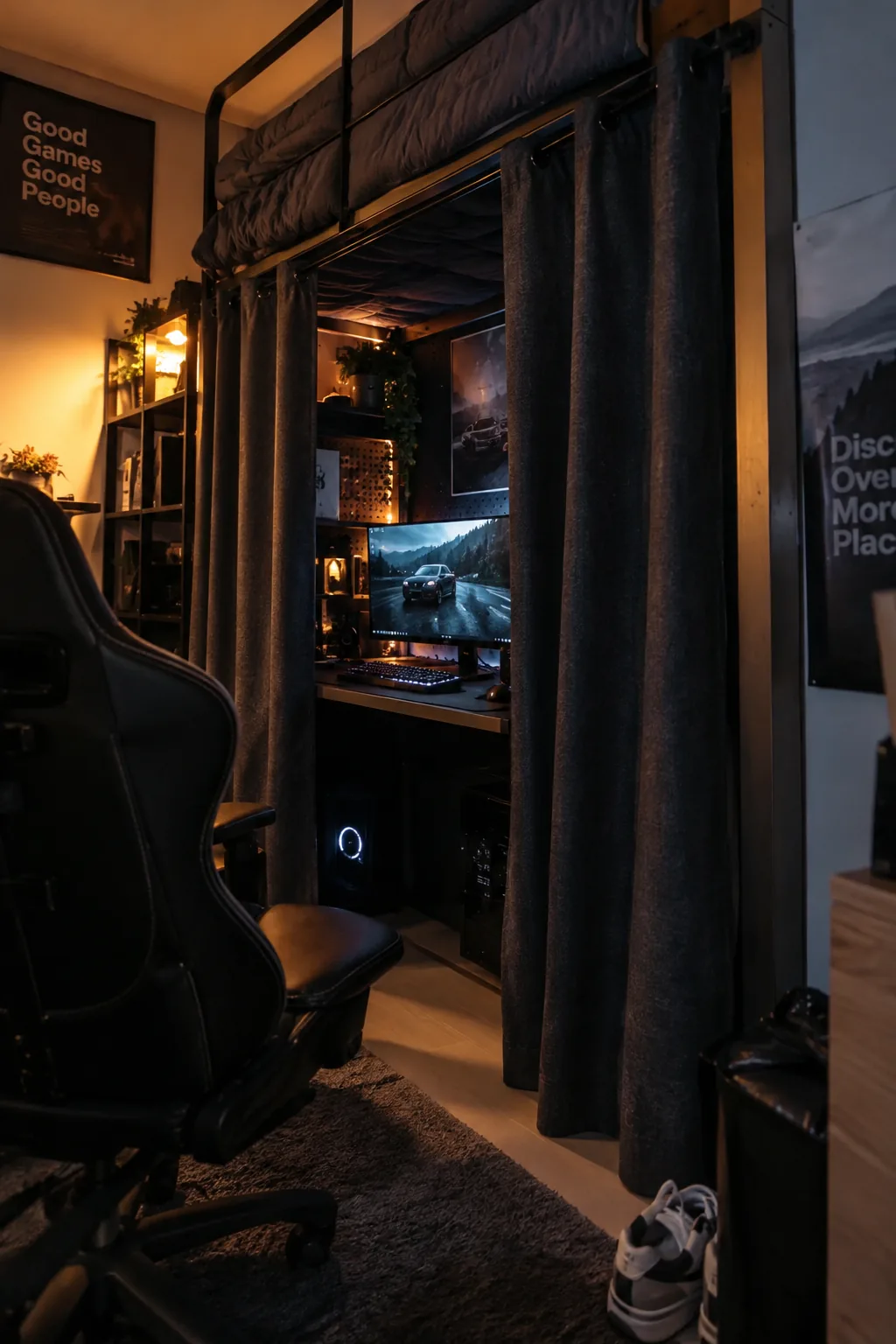 Blackout curtain hanging below a lofted dorm bed.