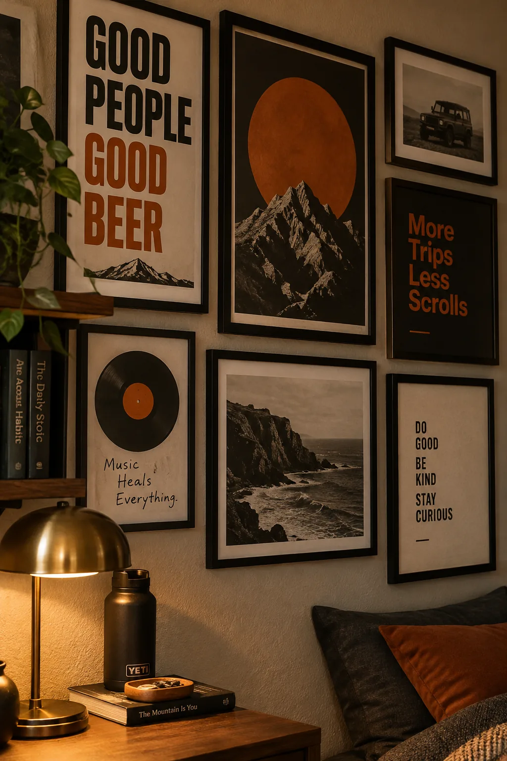 Gallery wall of framed graphic prints in a dorm.