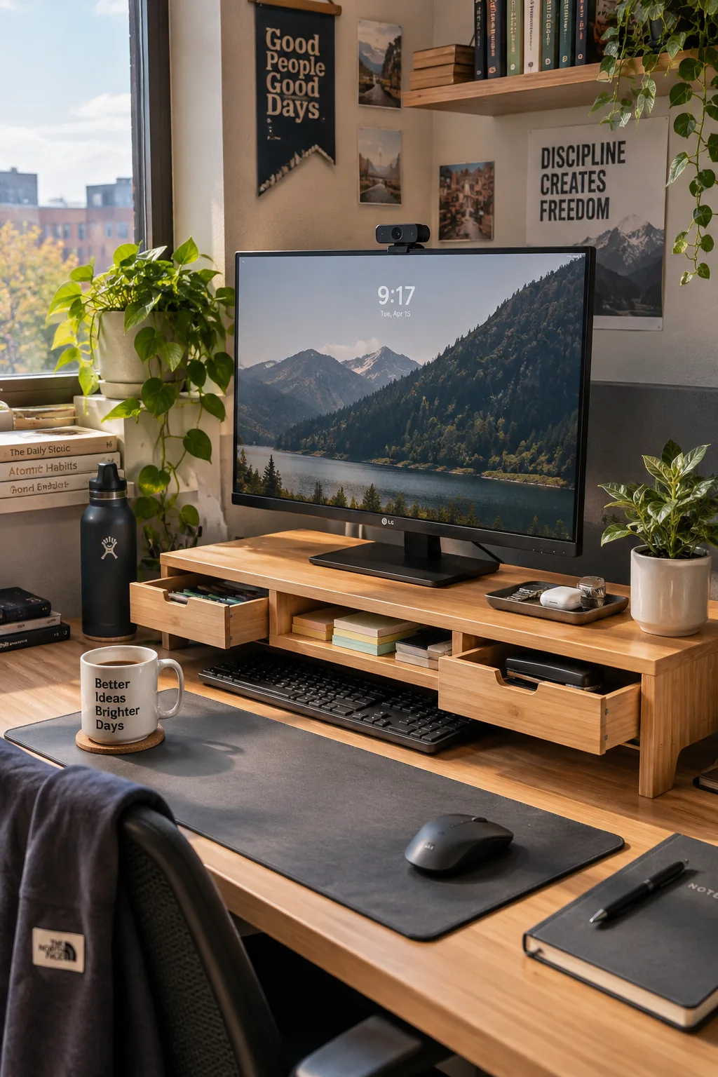 Wooden monitor riser stand with drawers on a desk.