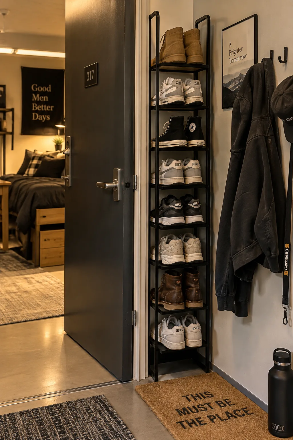 Tall metal shoe tower holding sneakers behind a door.