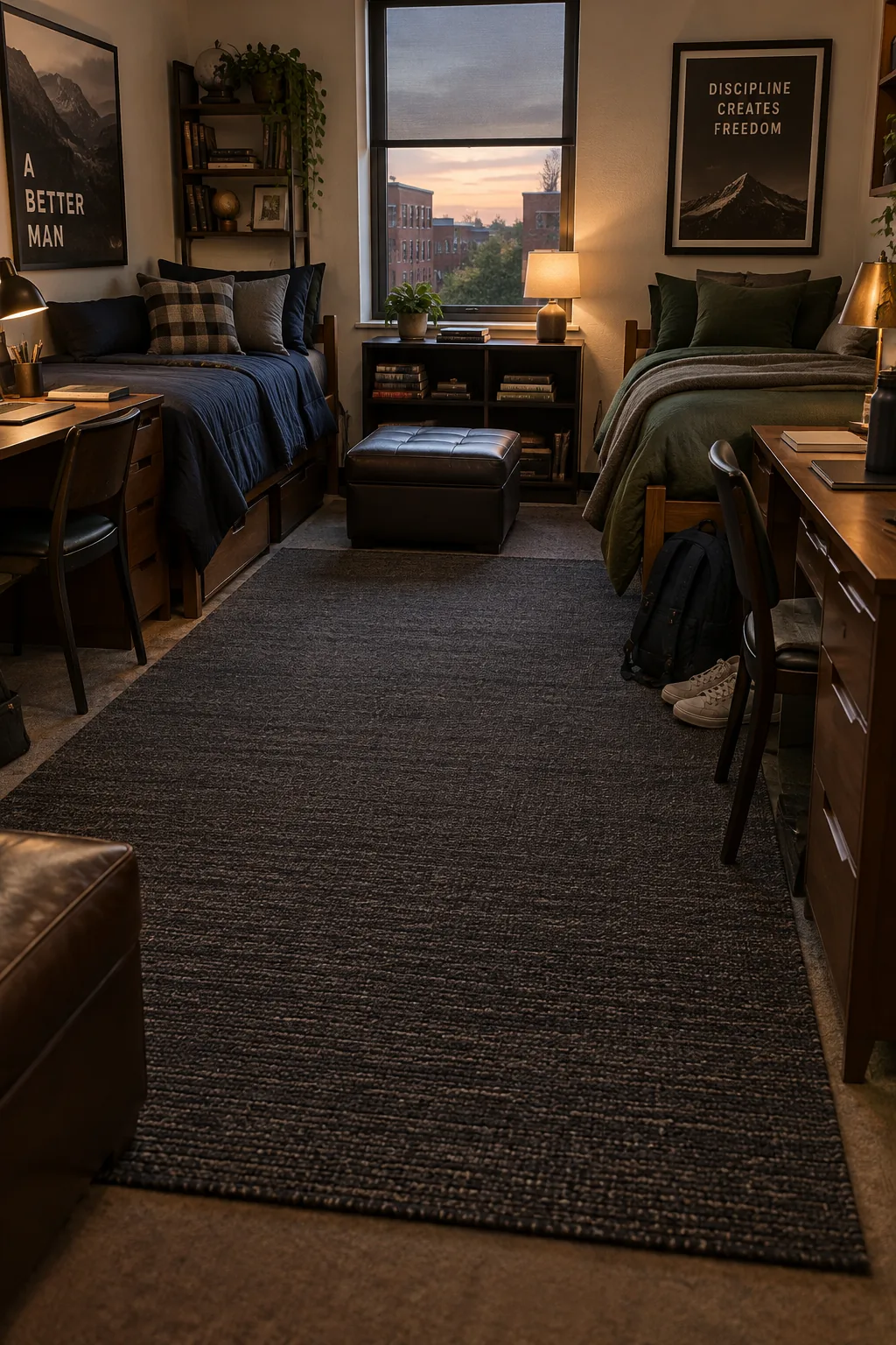 Dark charcoal low-pile rug on a dorm room floor.