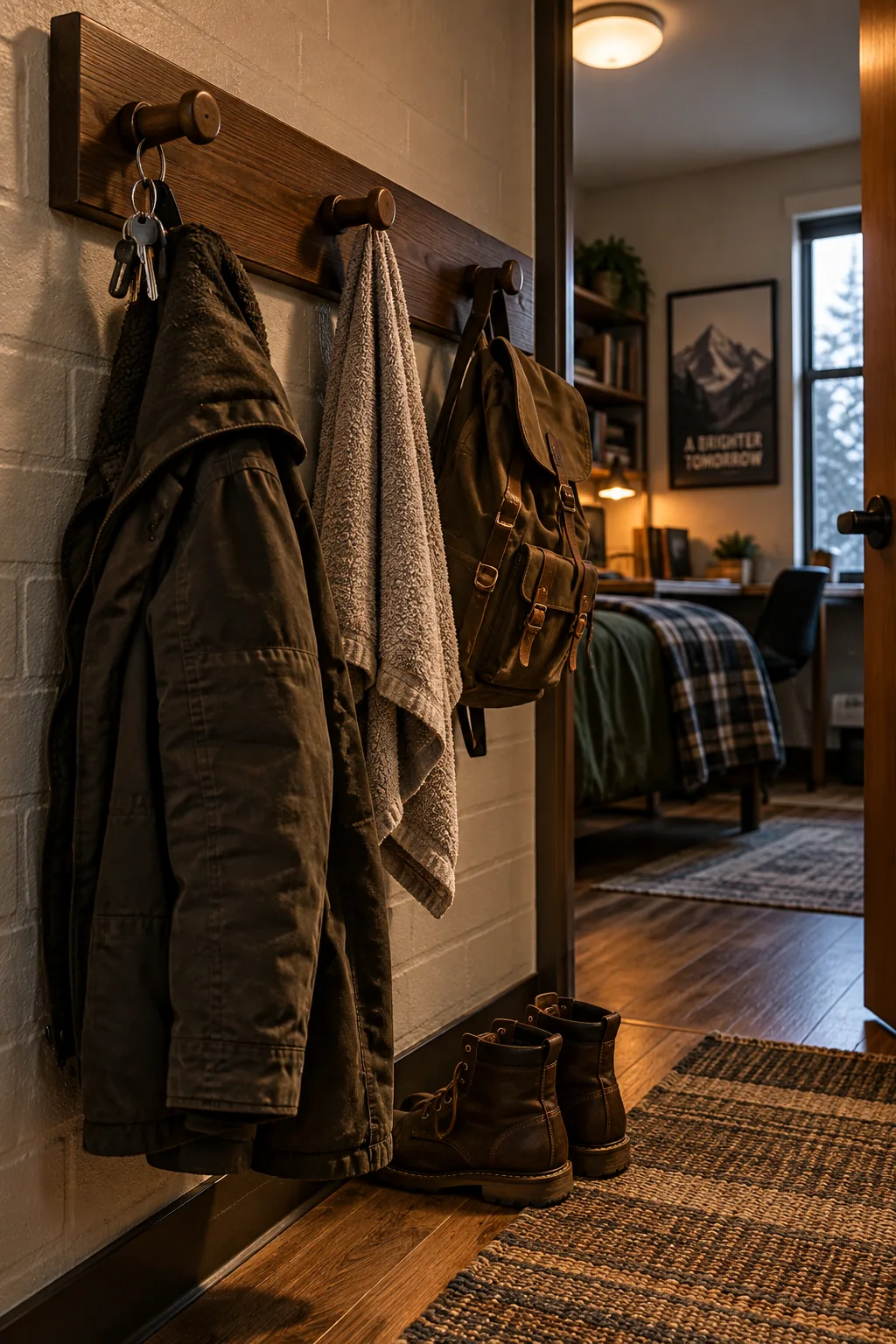 Heavy-duty wooden peg rack mounted on a dorm wall.