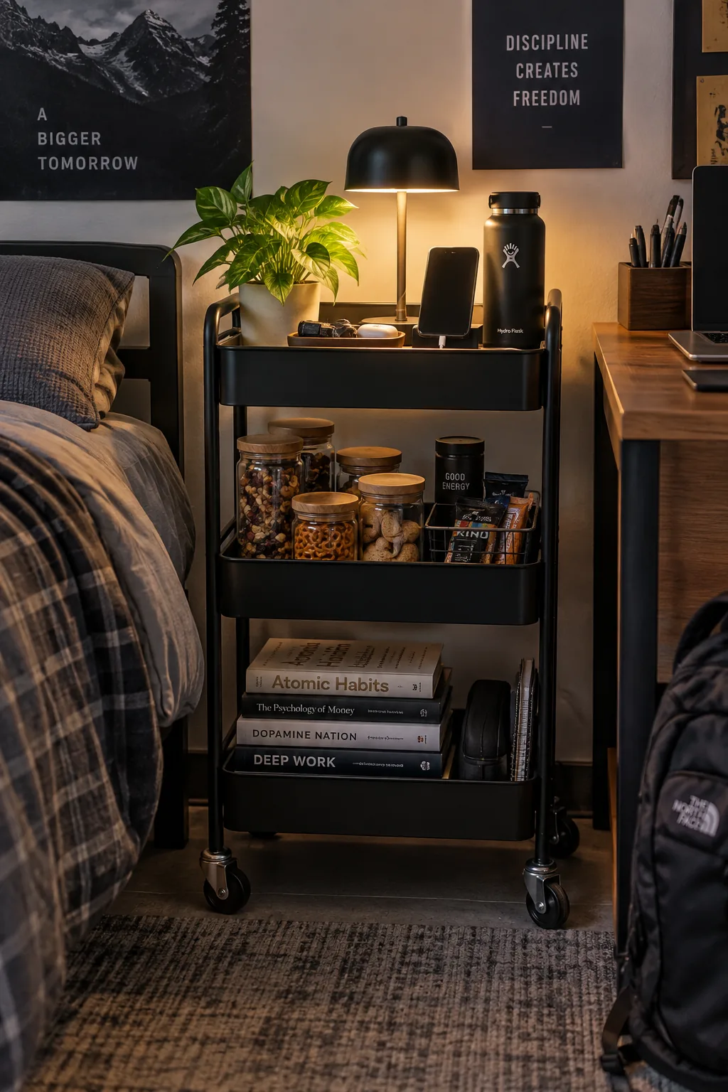 Three-tier metal rolling cart next to a dorm desk.