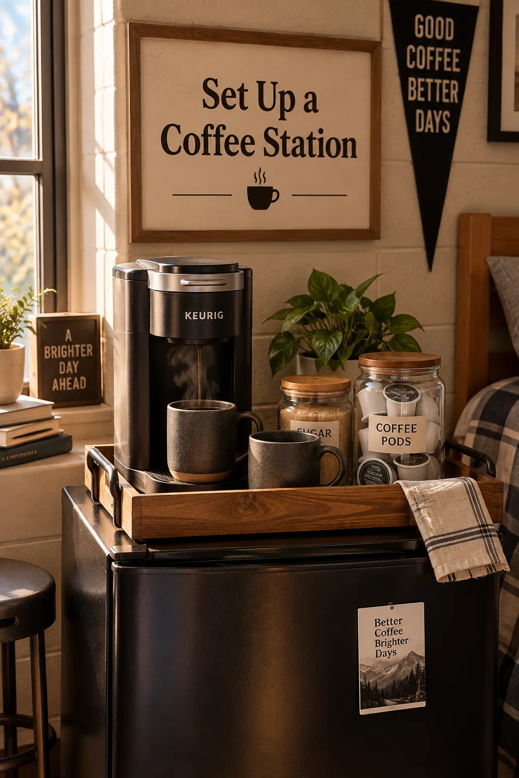 Coffee station on a mini fridge with wooden tray.