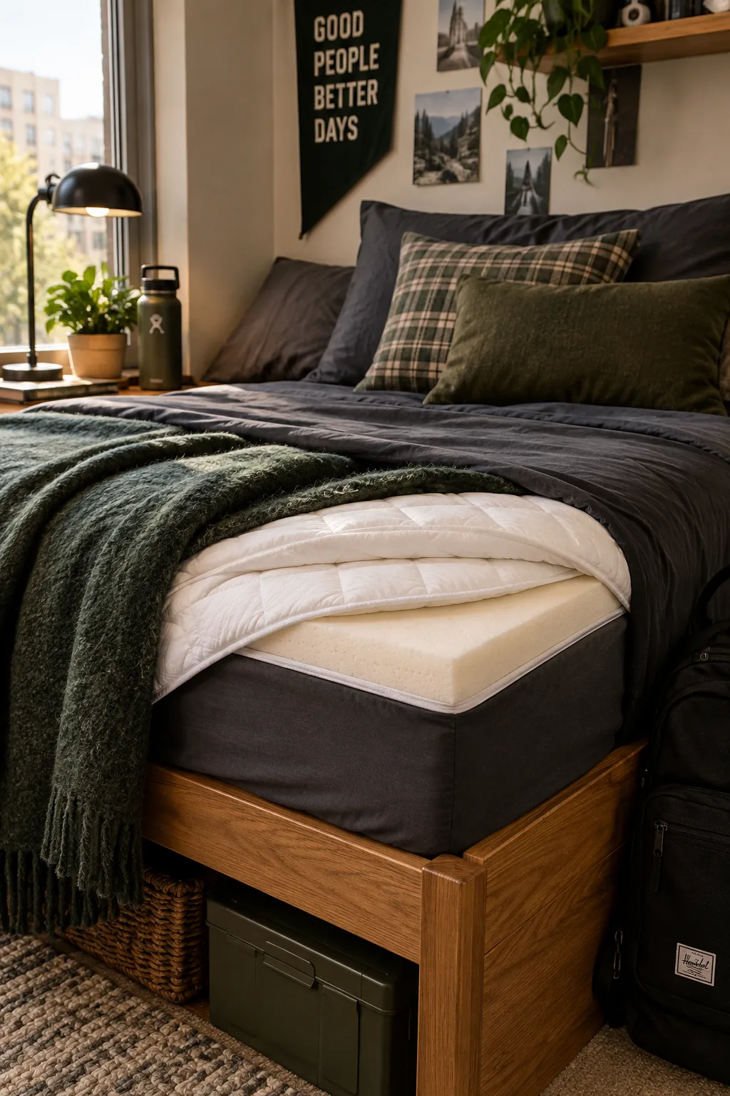 Thick memory foam mattress topper on a dorm bed.