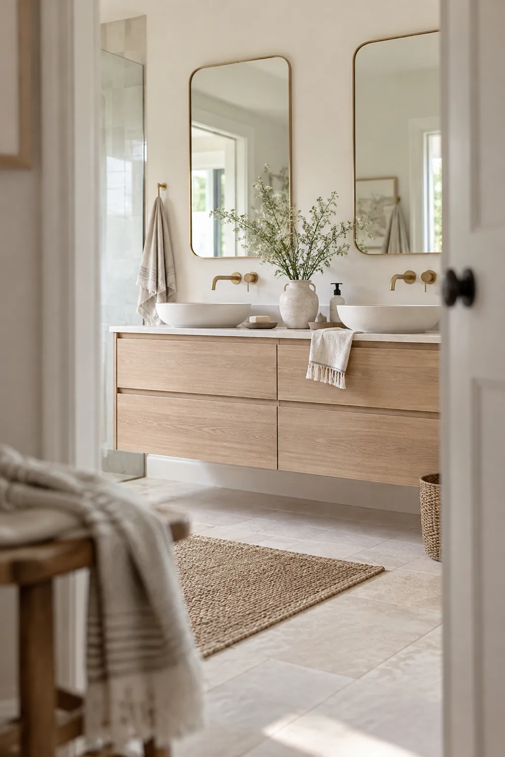floating double vanity with under cabinet lighting over patterned floor tile