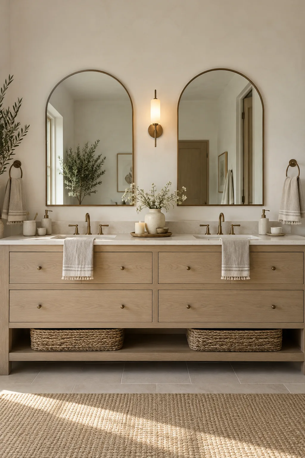 symmetrical double vanity with two arched mirrors and center sconce