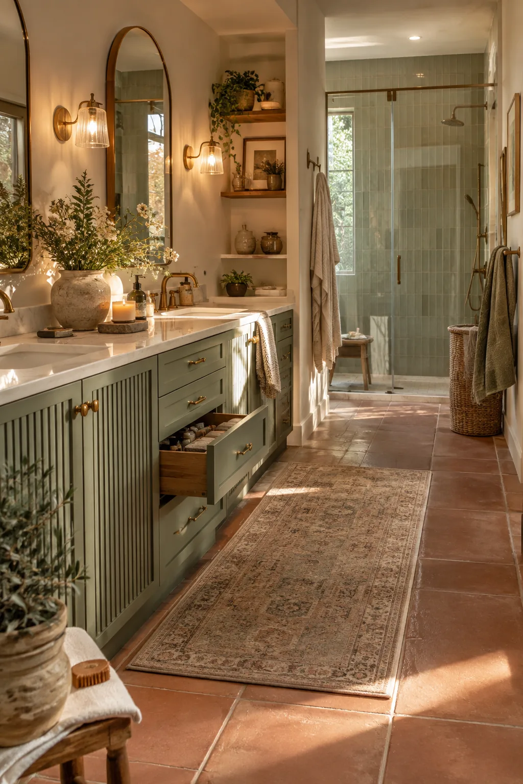 double vanity with a center drawer stack and 36 inch walkway