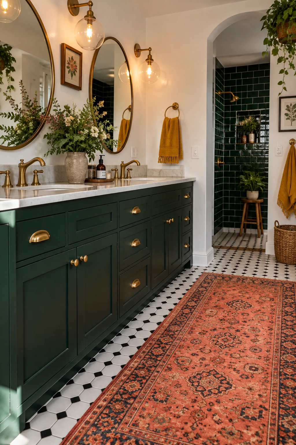 dark green double vanity with brass hardware against white walls