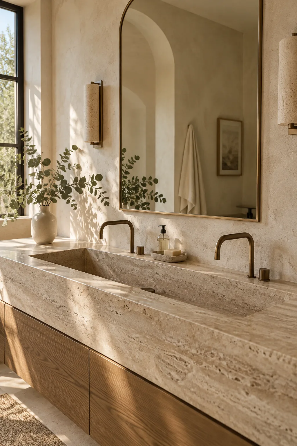 72 inch double vanity featuring one long trough sink with two faucets