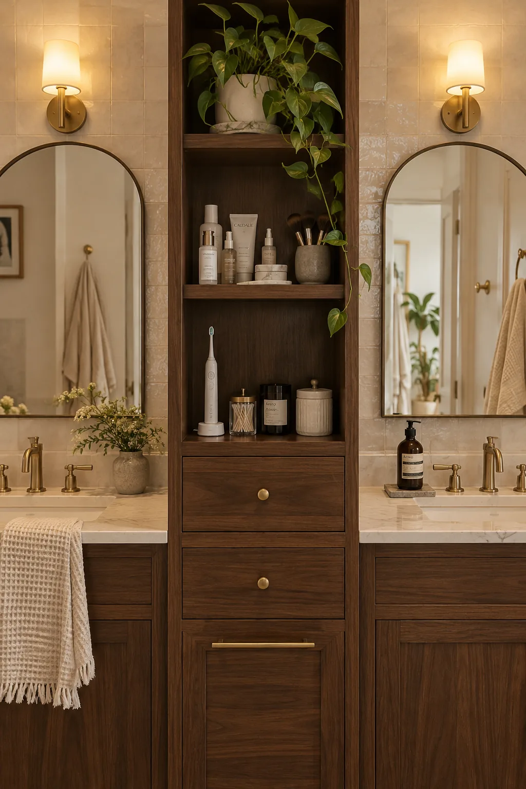 double vanity with a tall center tower cabinet holding skincare