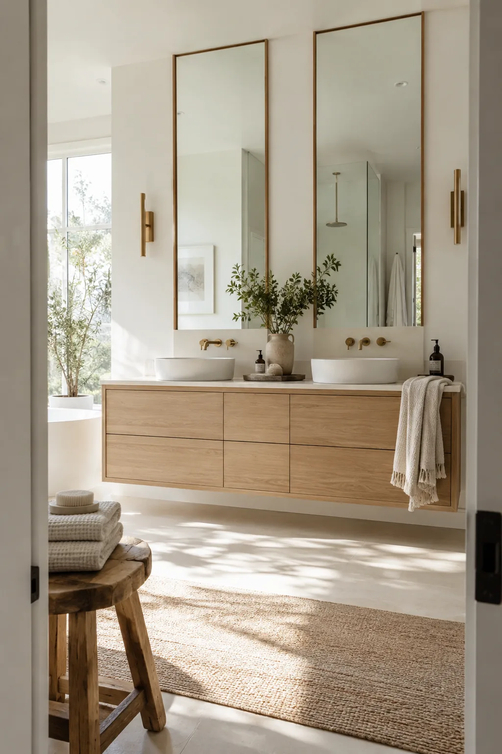 floor to ceiling mirrors above a wood double vanity