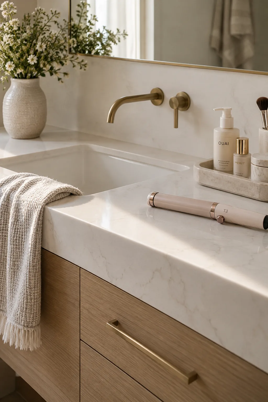 thick quartz countertop with a mitered edge on a double vanity