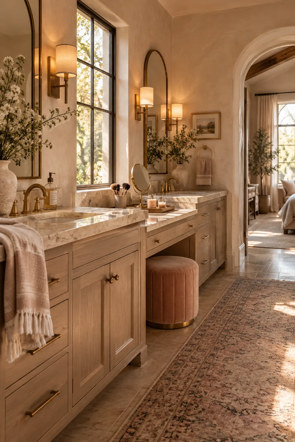 double vanity with a lowered center makeup station and stool