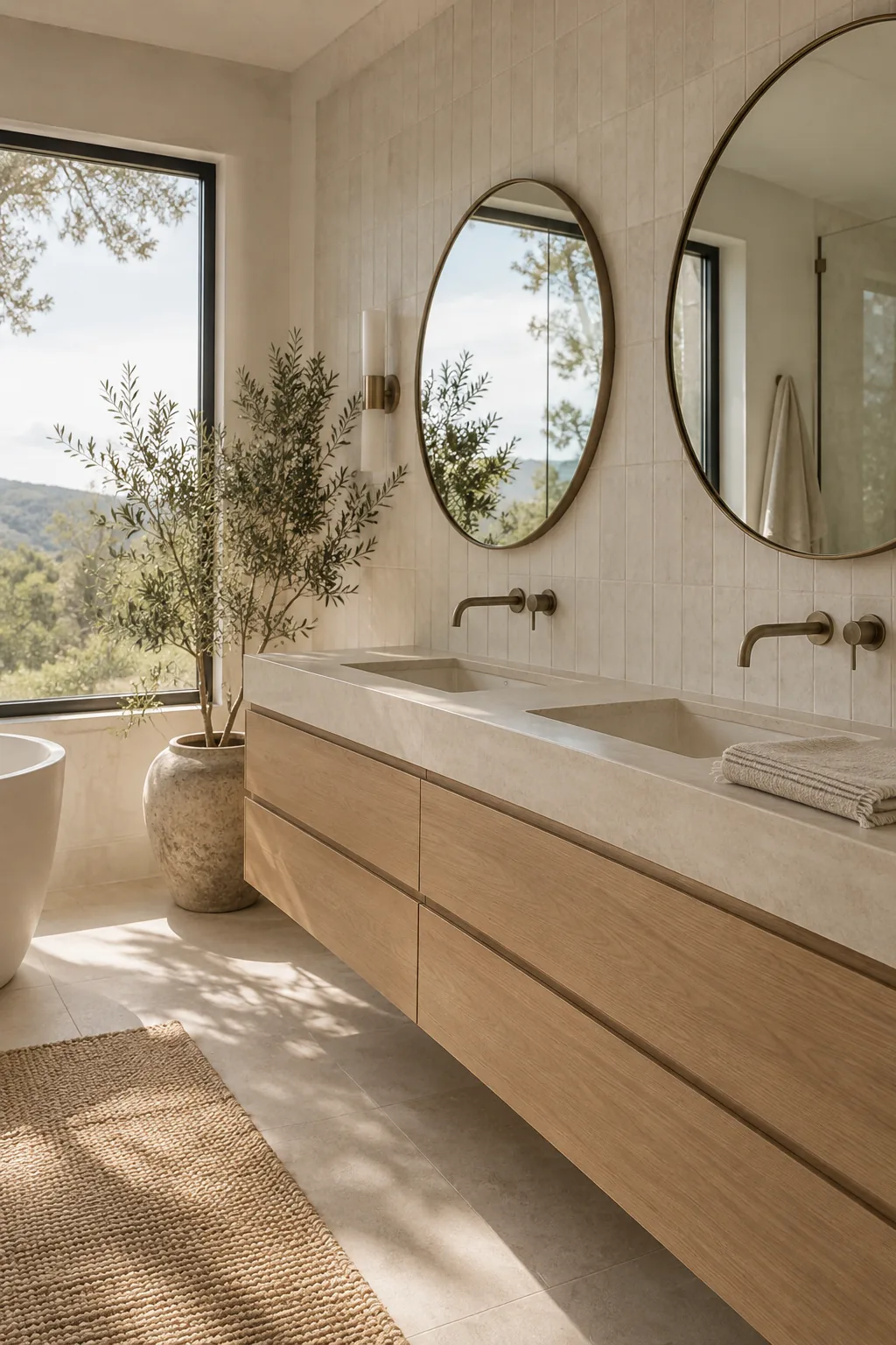 wall mounted brass faucets over two white bathroom sinks