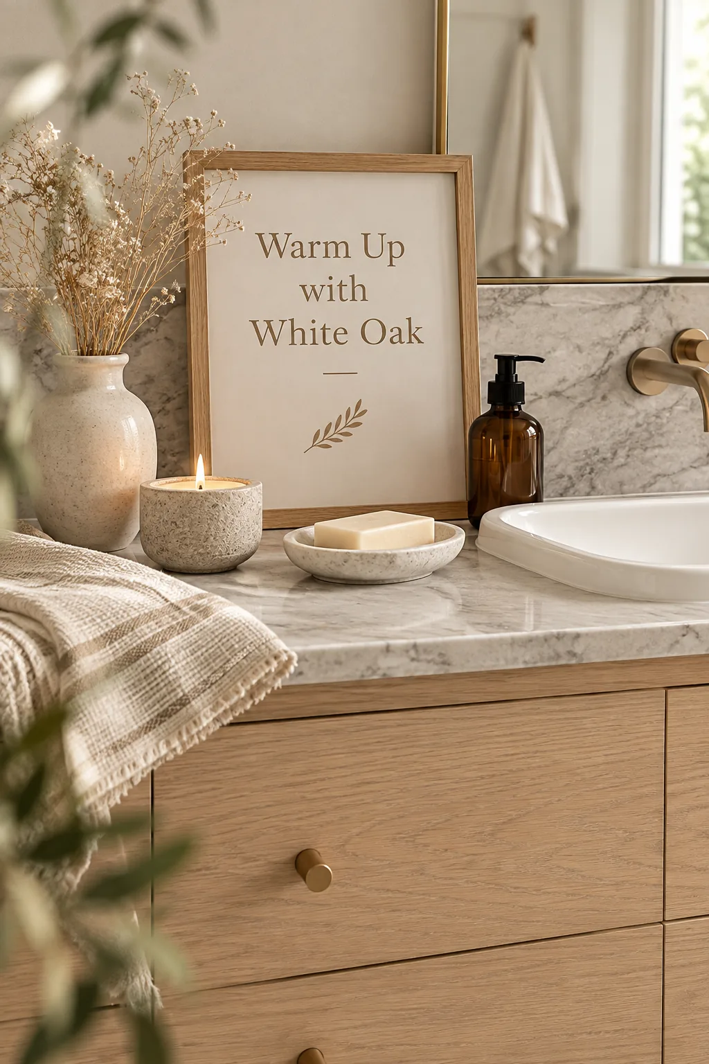 light white oak double vanity with marble backsplash