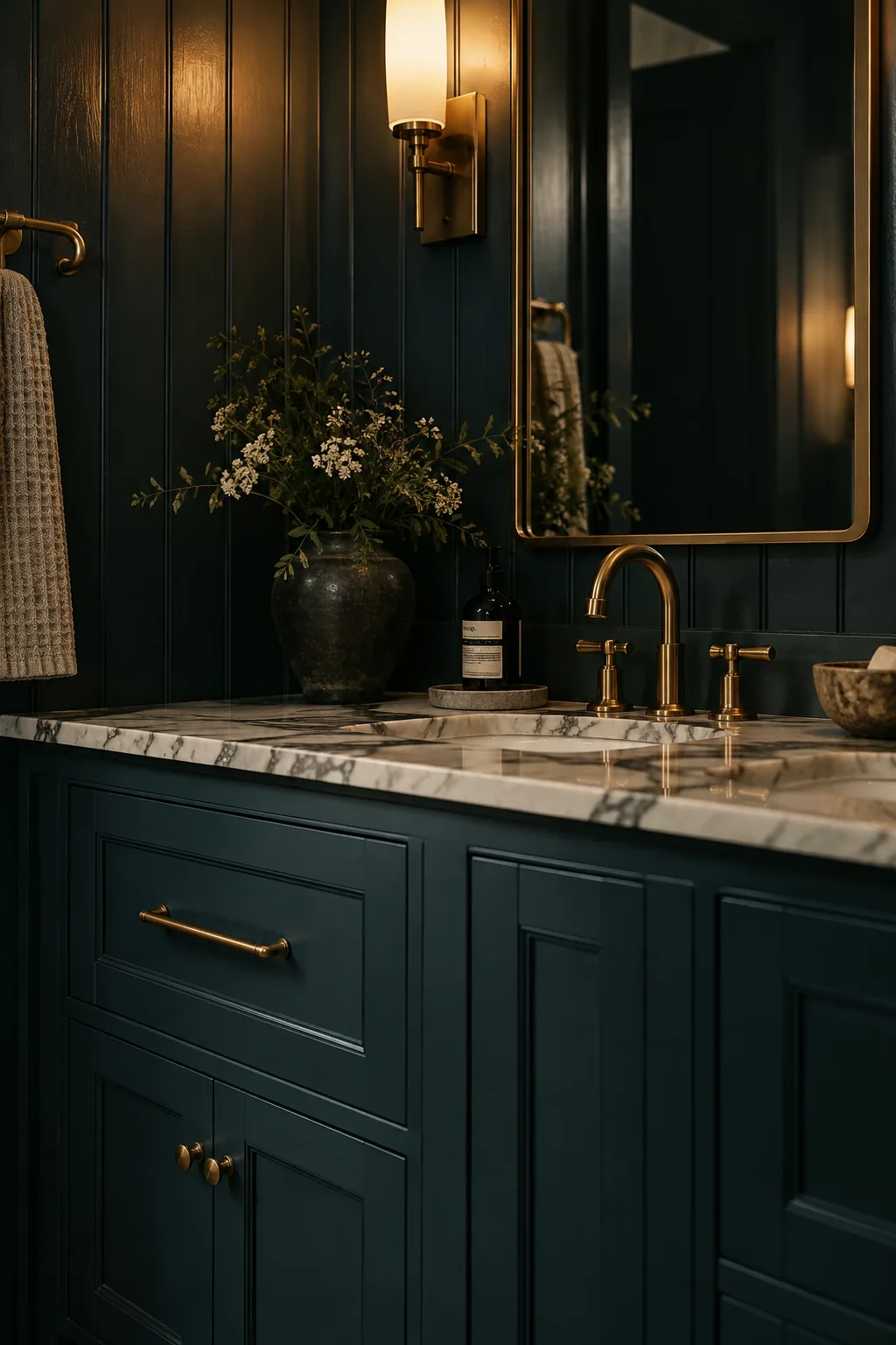 double vanity painted the same dark color as the vertical wall paneling