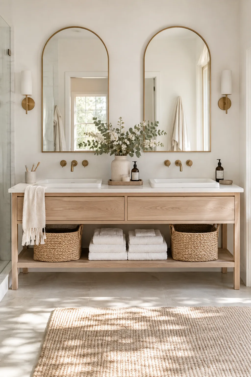 double vanity with an open bottom shelf holding rolled white towels