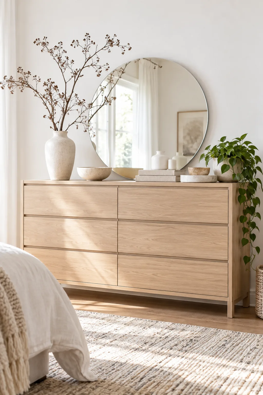 A minimalist light ash wood dresser styled with white ceramics and a frameless round mirror.