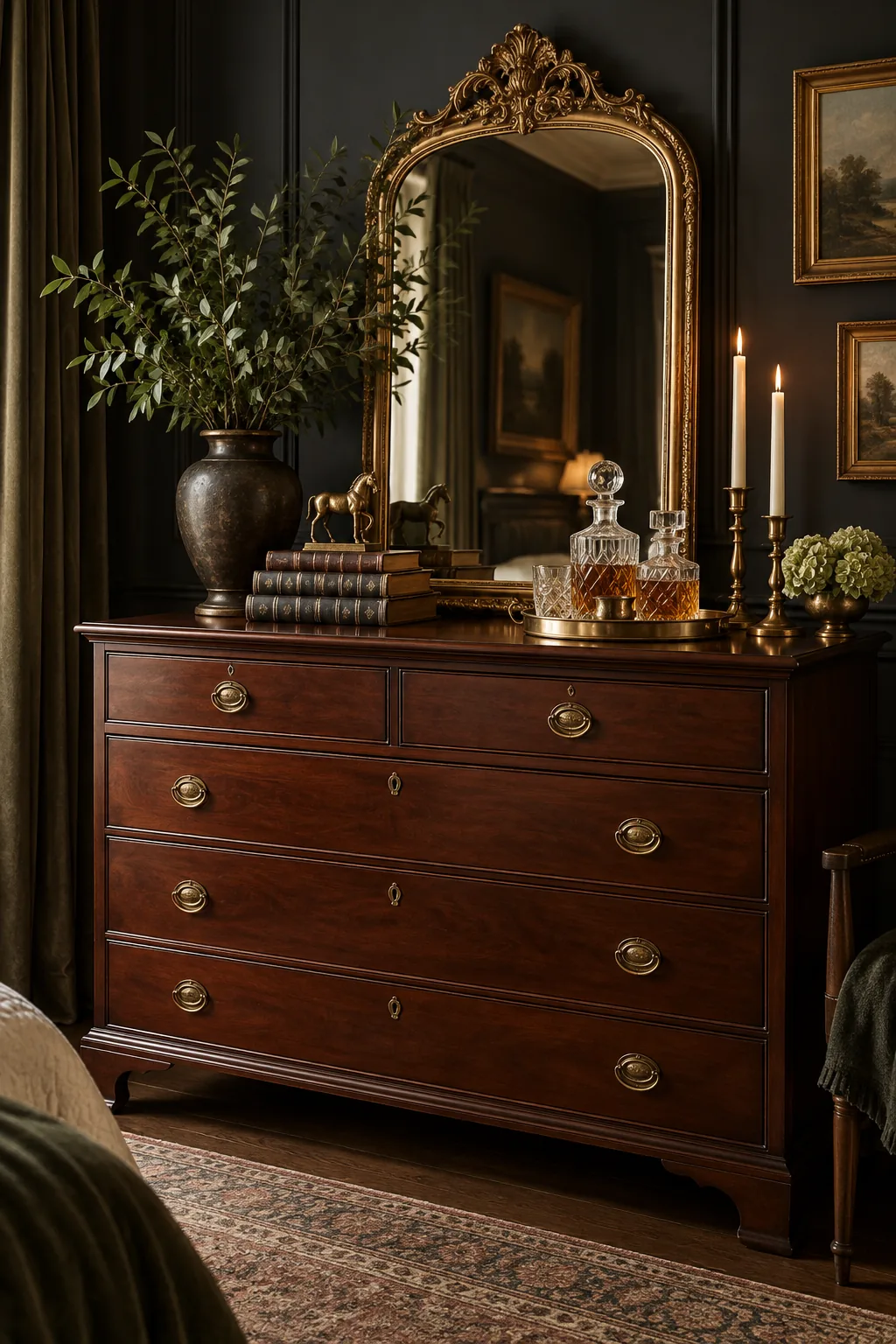 A rich mahogany dresser against a dark wall, styled with an antique gold mirror and a brass tray.
