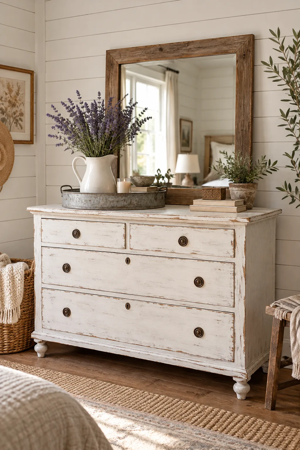 A distressed white dresser against a shiplap wall styled with a wood mirror and fresh lavender.
