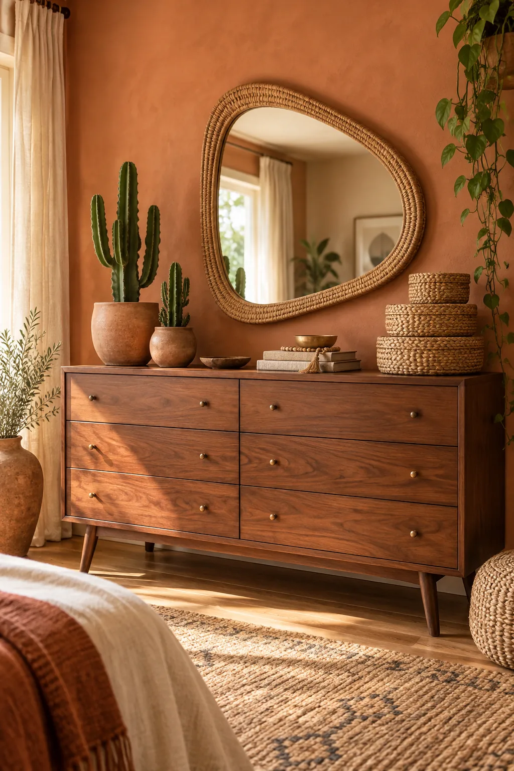 A mid-century walnut dresser against a terracotta wall styled with a rattan mirror and cactus plants.