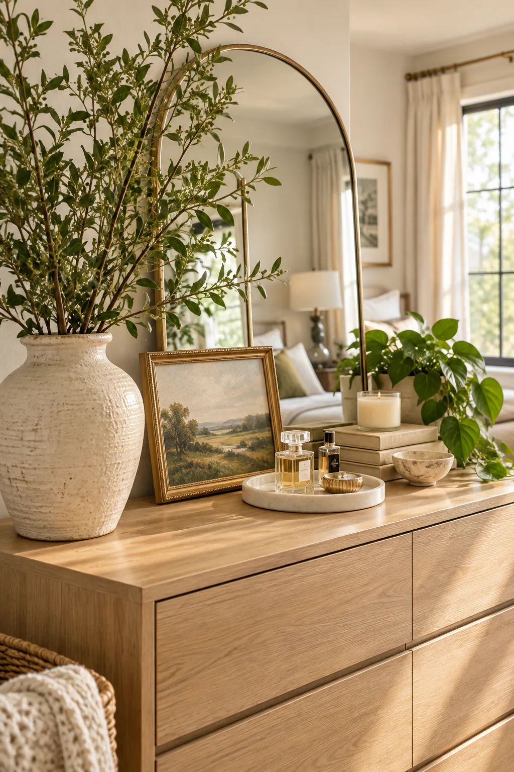 A textured cream ceramic vase filled with tall green branches sitting on the left side of a light oak dresser next to a brass mirror.
