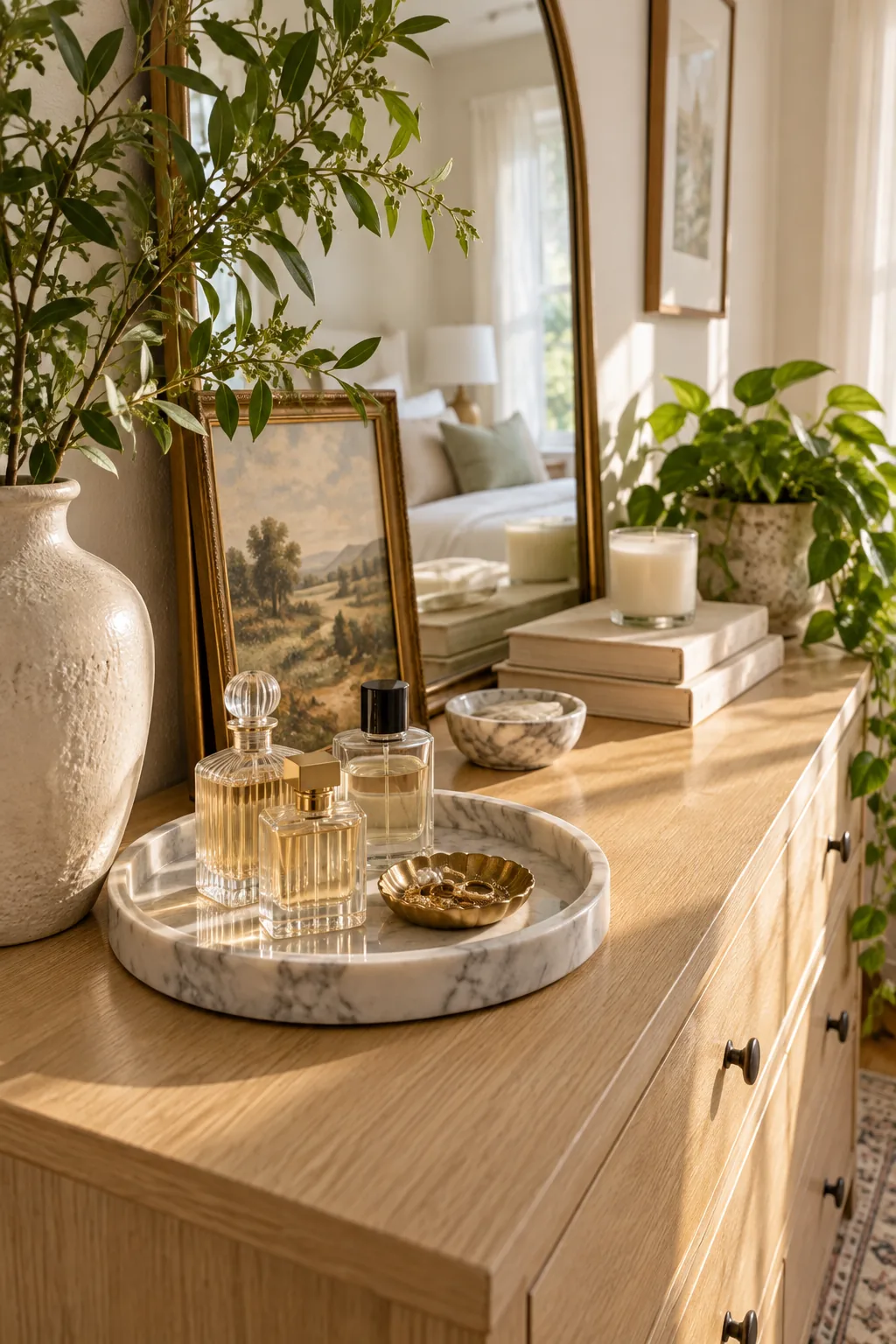 A small framed landscape painting leaning against a large brass arched mirror on an oak dresser surface.