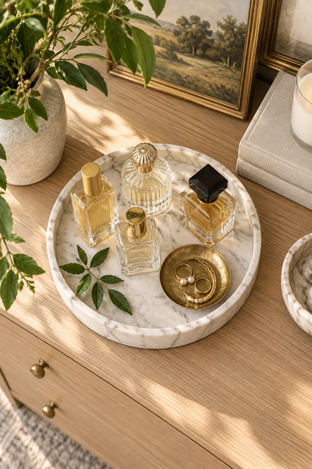 An overhead view of a round marble tray with a raised edge holding glass perfume bottles on a wooden dresser.