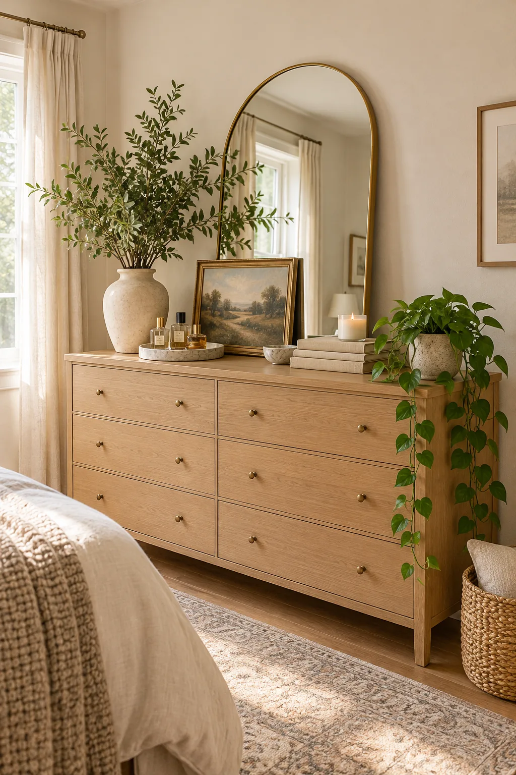 Two linen-bound books stacked with their paper edges facing out, elevating a white glass candle on a wooden dresser.