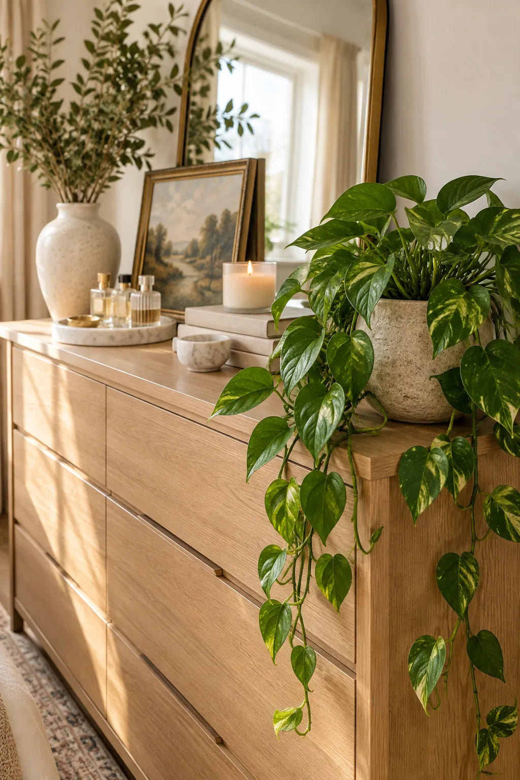 A trailing green pothos plant in a stone pot sitting on the right edge of a light oak dresser.