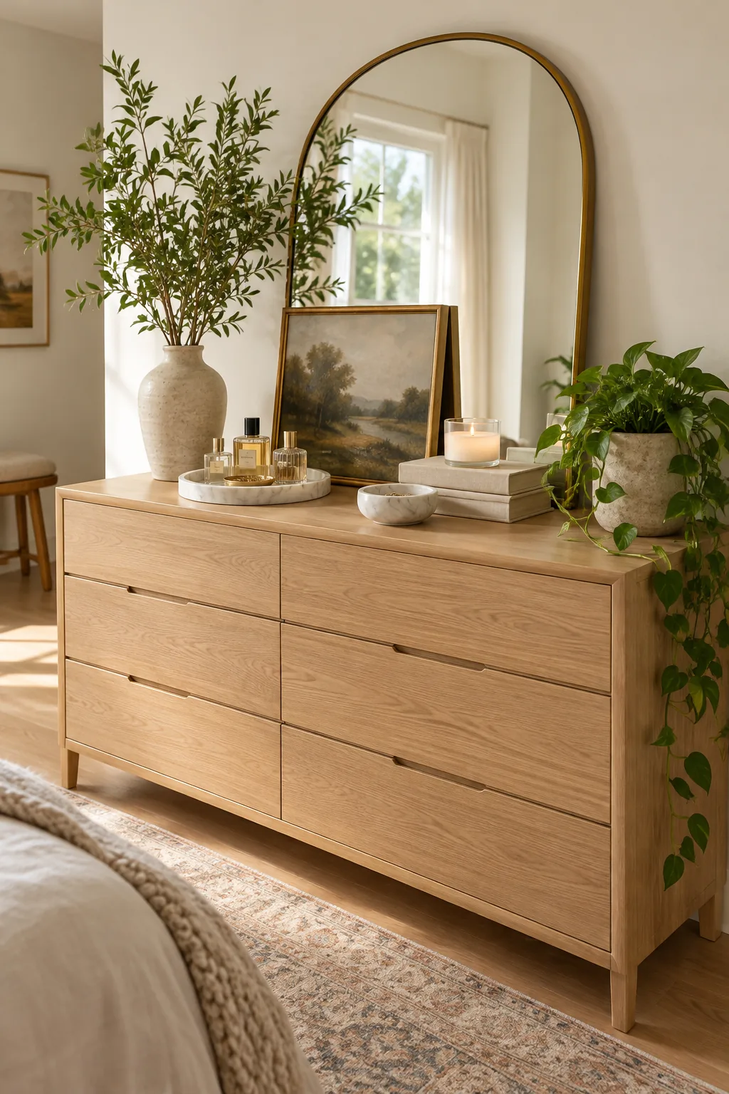 A styled central dresser zone featuring a marble tray, stacked books with a candle, and a small marble bowl grouped together.