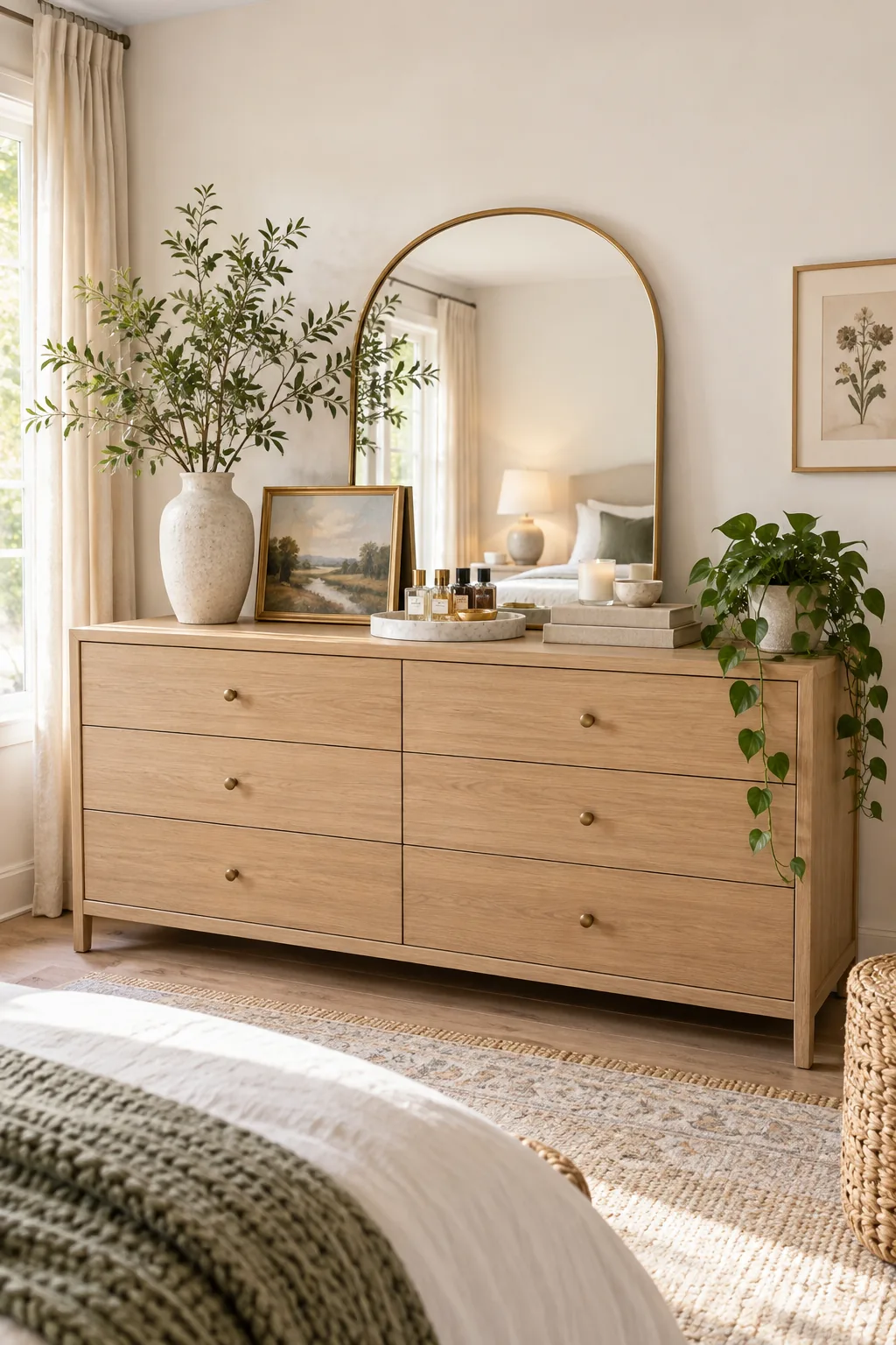 A fully styled light oak dresser with visible empty wood space at both the left and right edges.