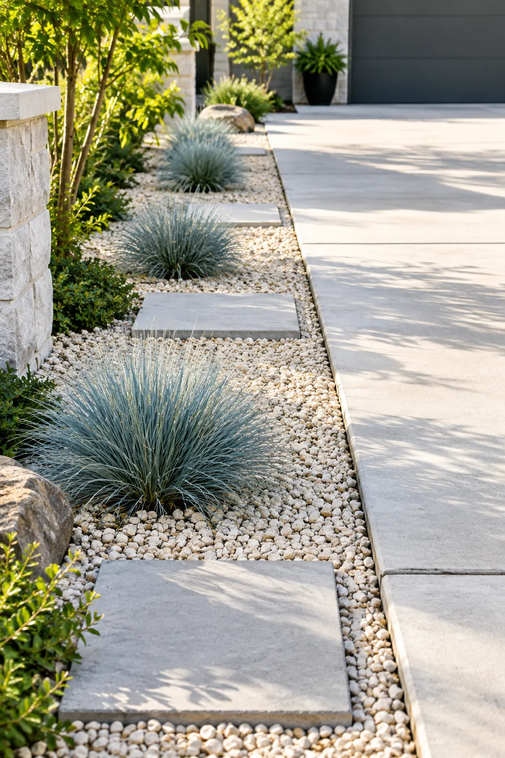 Modern minimalist driveway garden with blue fescue grasses and pale gravel.
