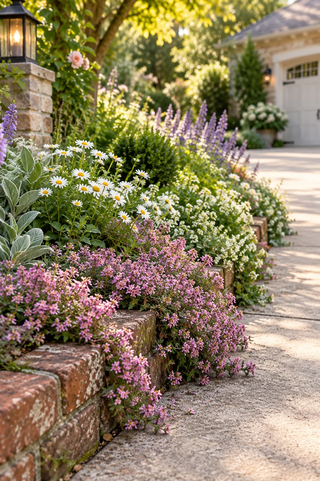 Cottage style driveway garden overflowing with creeping thyme and white daisies.