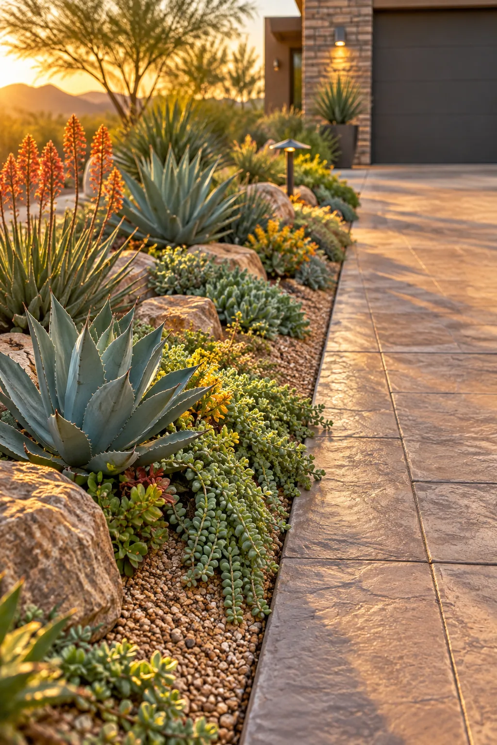 Desert style driveway garden with agaves and trailing succulents in decomposed granite.
