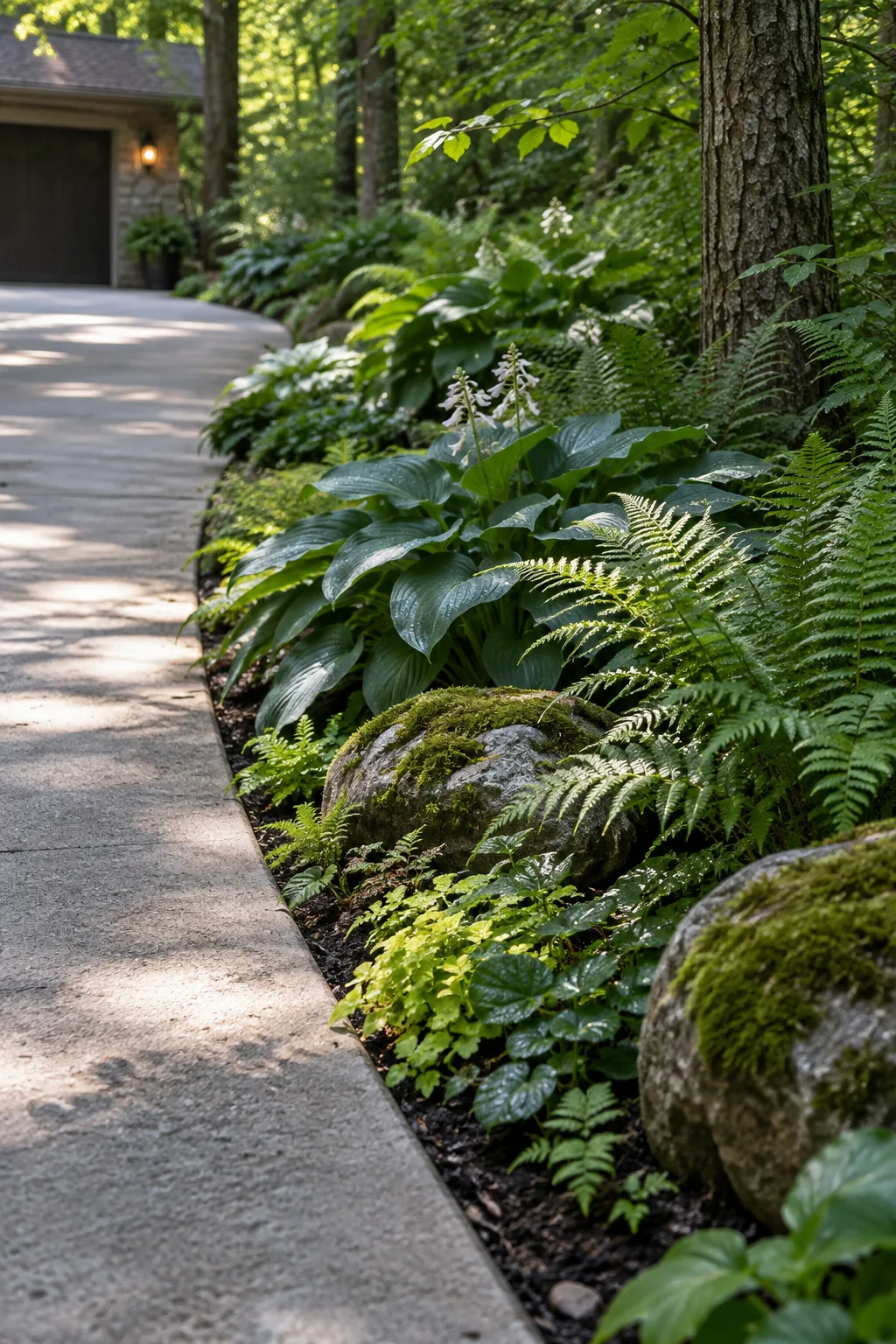 Shaded woodland driveway garden featuring native ferns, hostas, and mossy rocks.