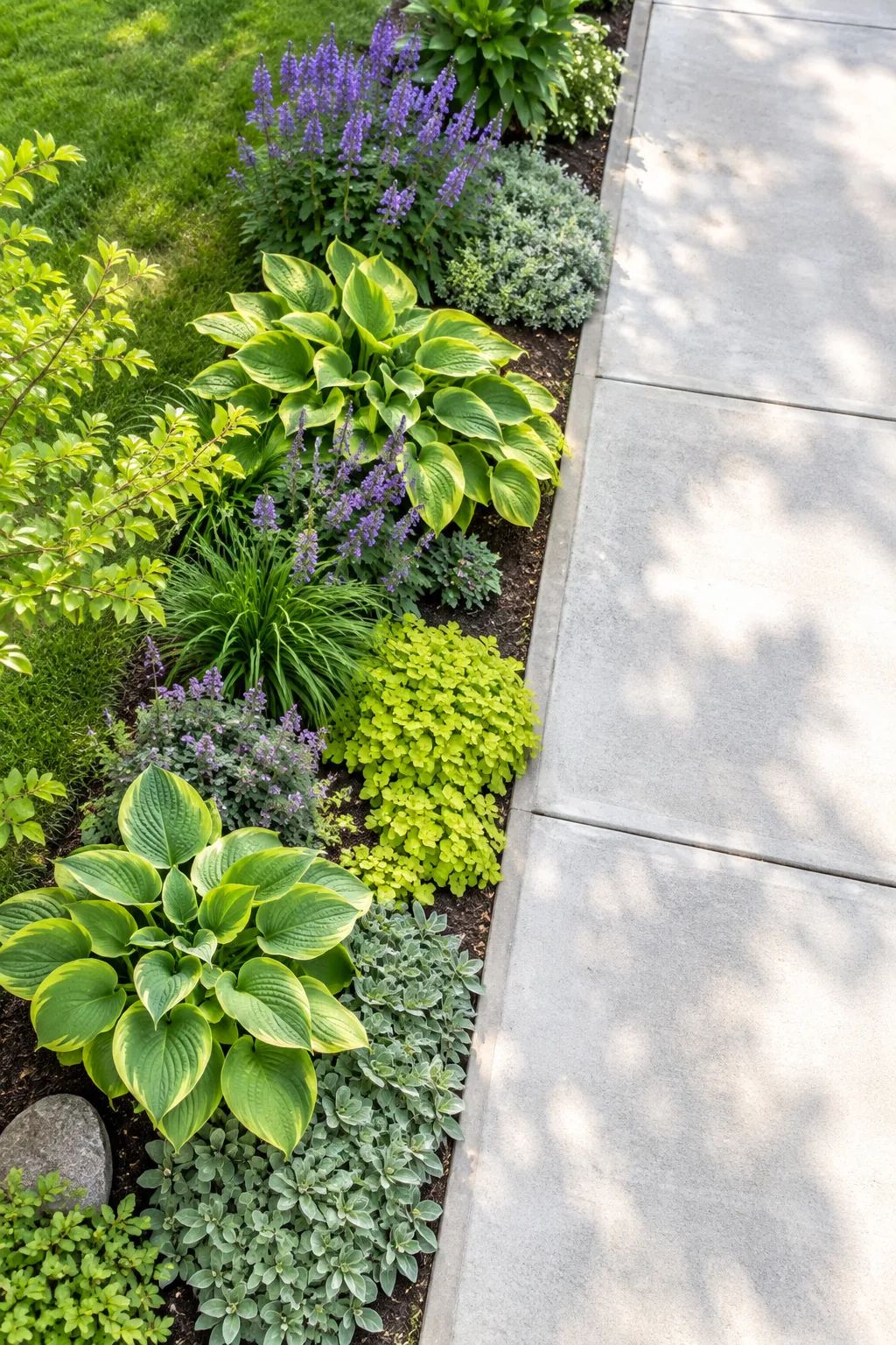 Bird's-eye view of a narrow planted strip beside a concrete driveway showing distinct plant groupings.