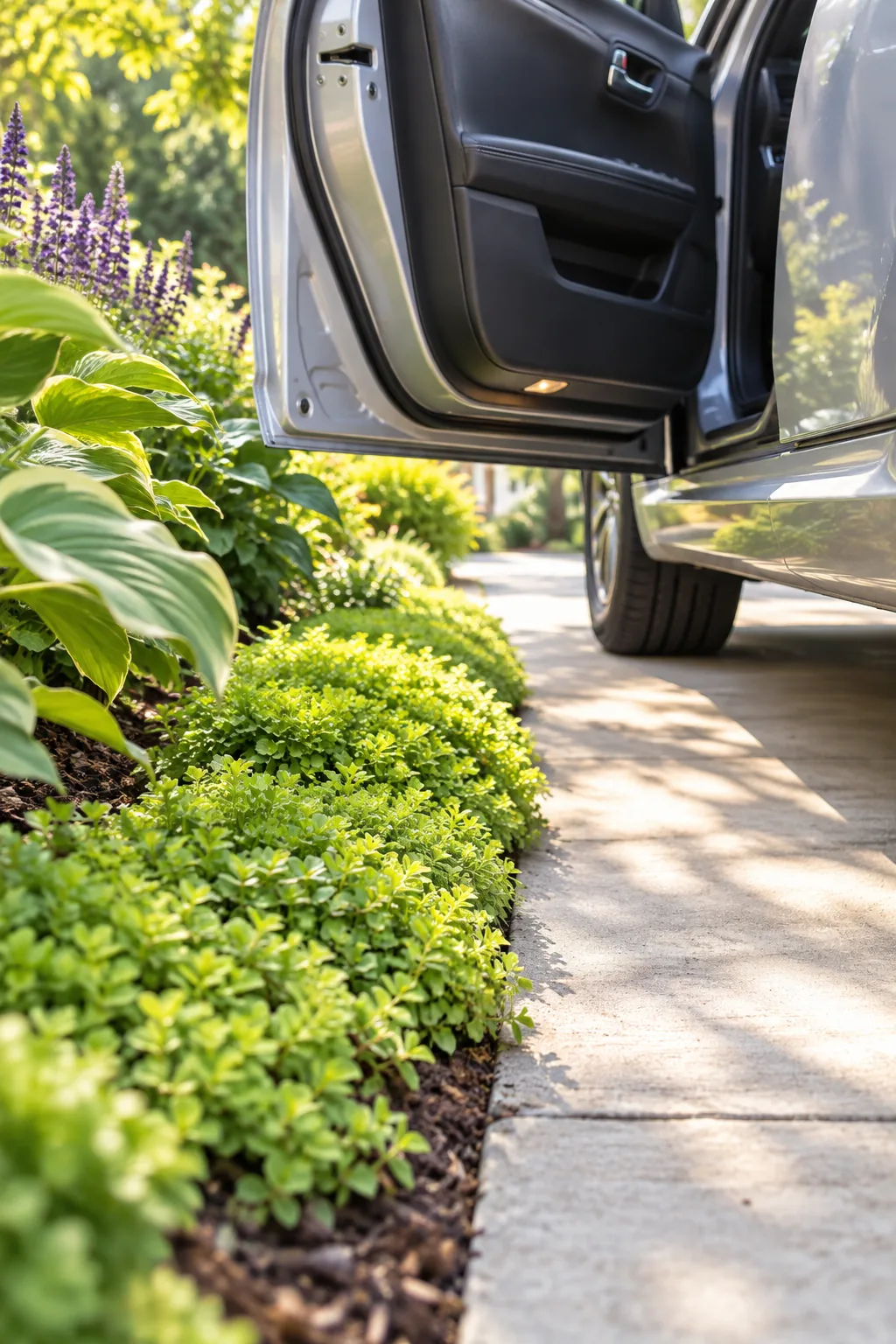 Dark brown mulch sitting slightly lower than the adjacent light concrete driveway edge.