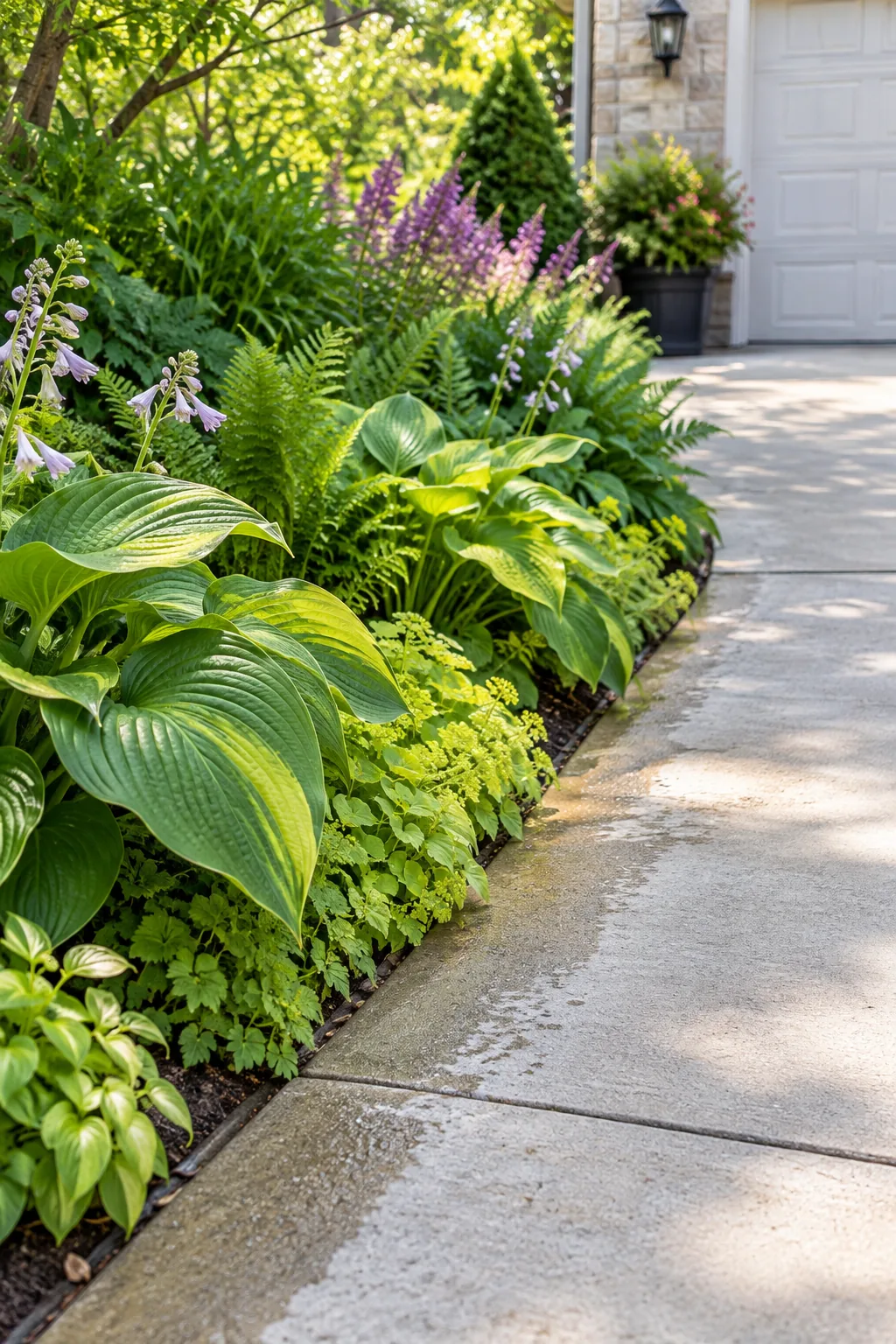 Low-growing green groundcover plants sitting safely beneath the open door of a silver car.